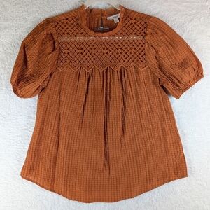 mine Rust Orange Crochet Yoke Puff Sleeve Blouse